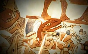Maya dinosaur head being carried to sacrifice - Bonampak